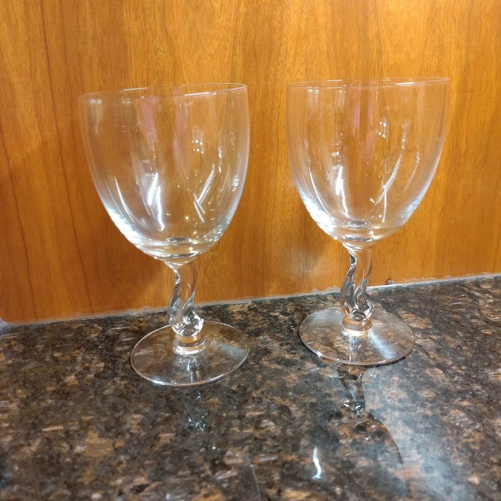 2 Fostoria Contour Water or Lg Wine Signed Crystal Glasses S-Shaped Stem 10oz